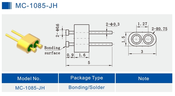 2-Pin Nail Head Diamter 0.3mm Pin Glass To Metal Hermetic Header With Gold Wire Bonding Surface MC-1085-JH